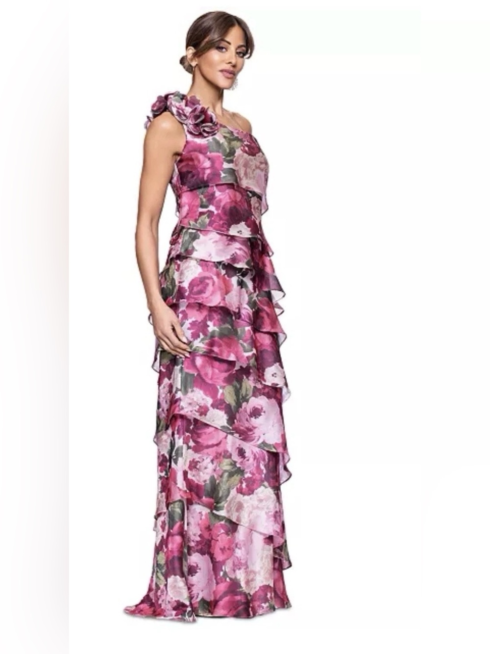 Xscape One-Shoulder Tiered Floral Evening Gown in Pink and Green size 10 - Picture 2 of 6